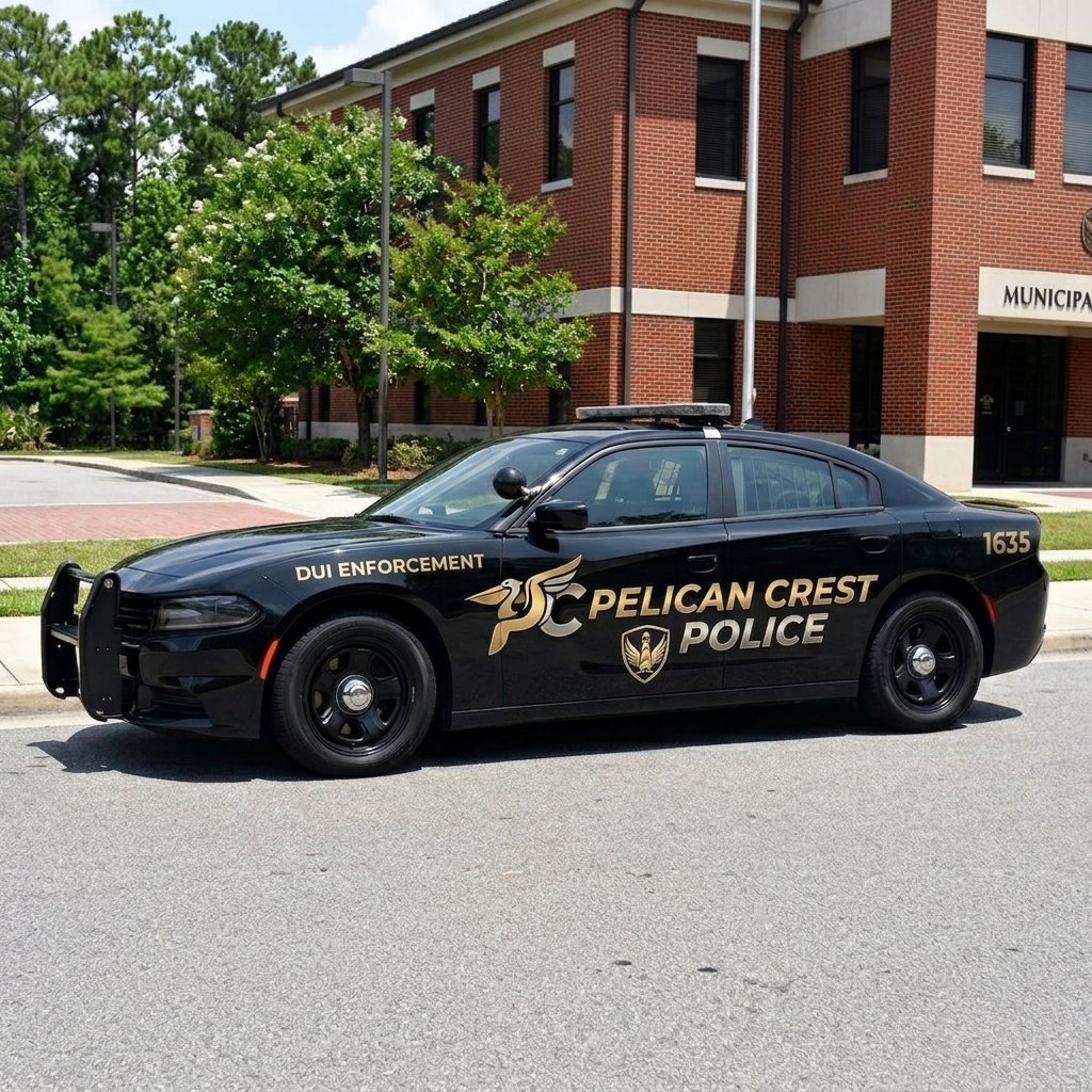 A black Pelican Crest Police sedan with "DUI ENFORCEMENT" on the front fender is parked on the street in front of a brick building. The car features a gold pelican logo and "1635" on the rear quarter panel.