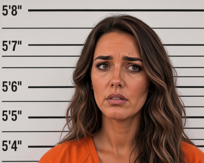 Close-up mugshot photo of a woman with long wavy brown hair and an anxious expression, wearing an orange jail jumpsuit and standing in front of a height measurement wall.