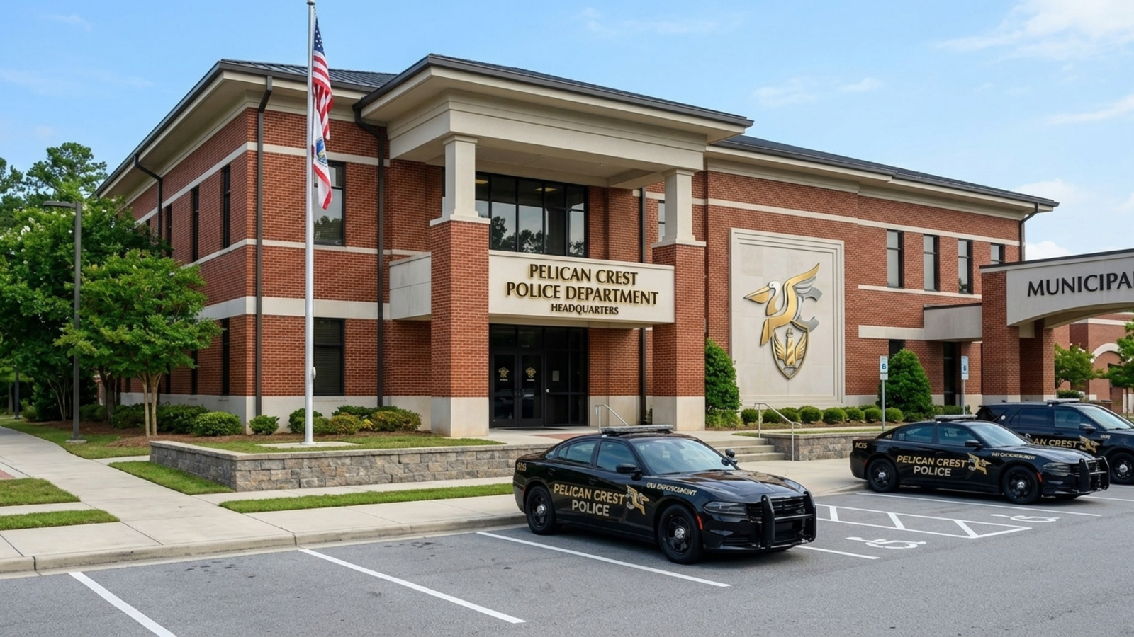 Exterior photo of the two-story red brick Pelican Crest Police Department headquarters featuring beige architectural trim and a prominent pelican crest emblem mounted on the facade. An American flag flies on a pole near the entrance, and multiple dark police vehicles marked with gold "Pelican Crest Police" lettering are parked in the marked spaces in front of the buildin