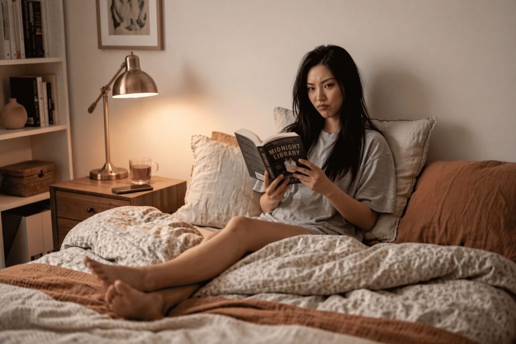 A young East Asian woman reclining against plush pillows in a cozy, warm-lit bedroom setting. She wears a casual light grey t-shirt and has her legs stretched out under patterned bedding. She holds an open paperback book titled The Midnight Library and looks up toward the camera with a subtle, playful smirk. On the wooden nightstand beside her, a brass desk lamp casts a warm glow, positioned next to a smartphone and a glass cup of warm tea.