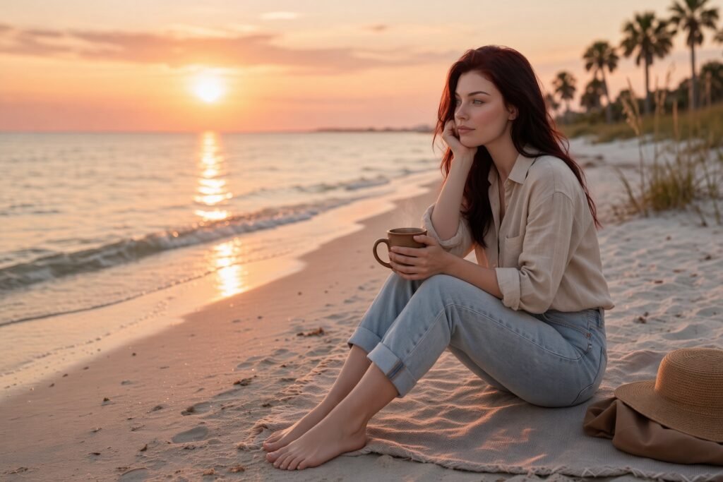 A wide landscape photo of a dark-haired woman sitting side-profile on a light blanket laid out on a sandy beach. She rests her chin on one hand while holding a steaming mug with other hand, looking thoughtfully out at the ocean horizon as the sun sets. She is wearing a relaxed, long-sleeved beige button-down shirt with rolled-up sleeves and light-wash cuffed jeans. A straw hat lies beside her on the sand, with palm trees and soft dunes lining the background shore under a golden-orange sky.