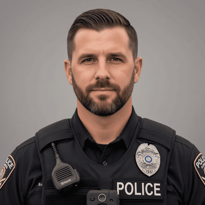 square headshot portrait of a man with short, neatly styled brown hair and a trim beard, looking directly forward with a calm expression against a solid neutral grey backdrop. He wears a black police uniform with tactical body armor, featuring a silver eagle-topped police badge pinned on the left chest, a black police radio clipped to his right shoulder, a body camera mounted centrally below the collar, and shoulder patches visible on both sleeves.