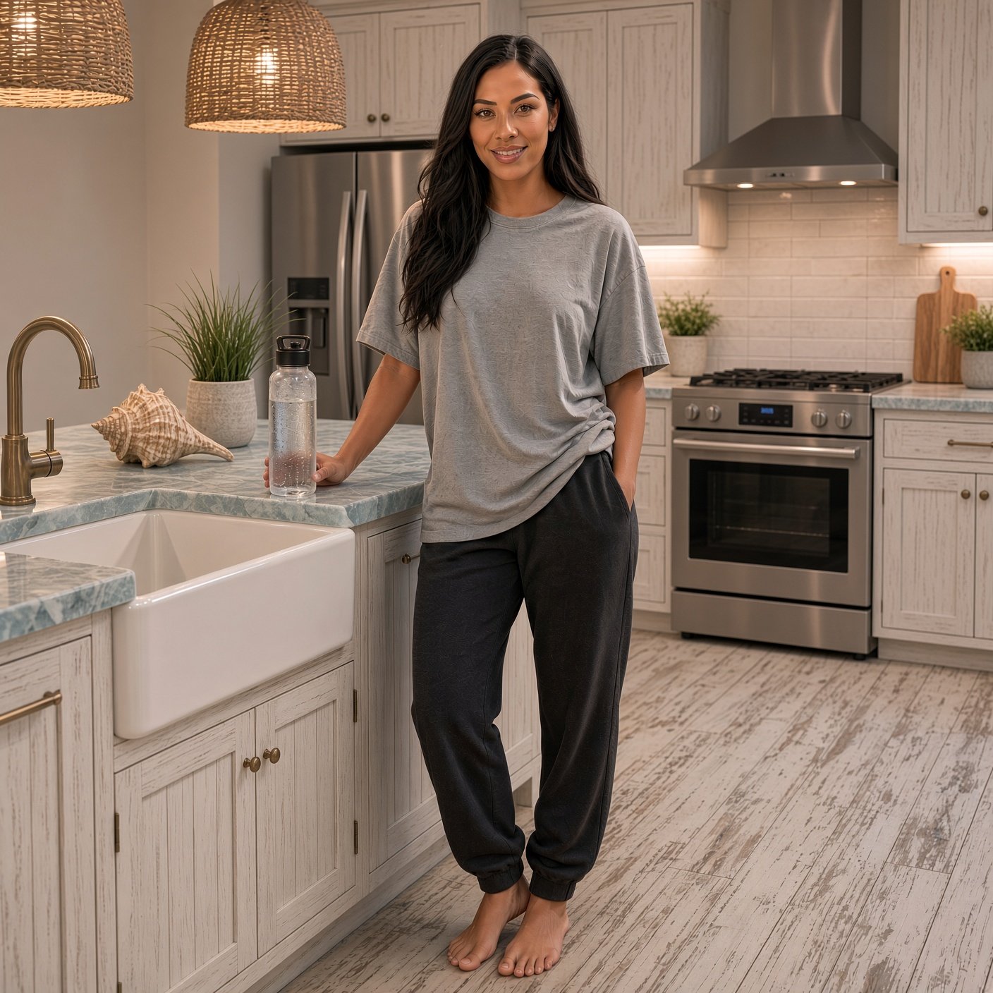 Woman standing barefoot in a kitchen wearing a grey oversized t-shirt and charcoal sweatpants.