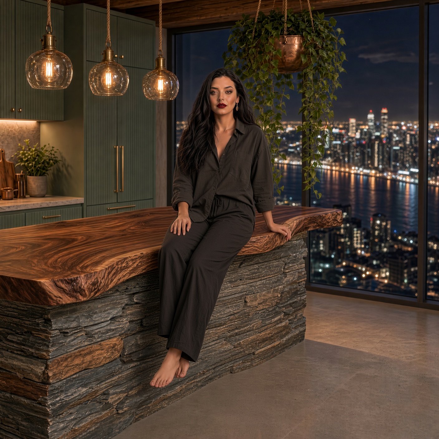 Woman sitting barefoot on a wooden kitchen island overlooking a city skyline at night.