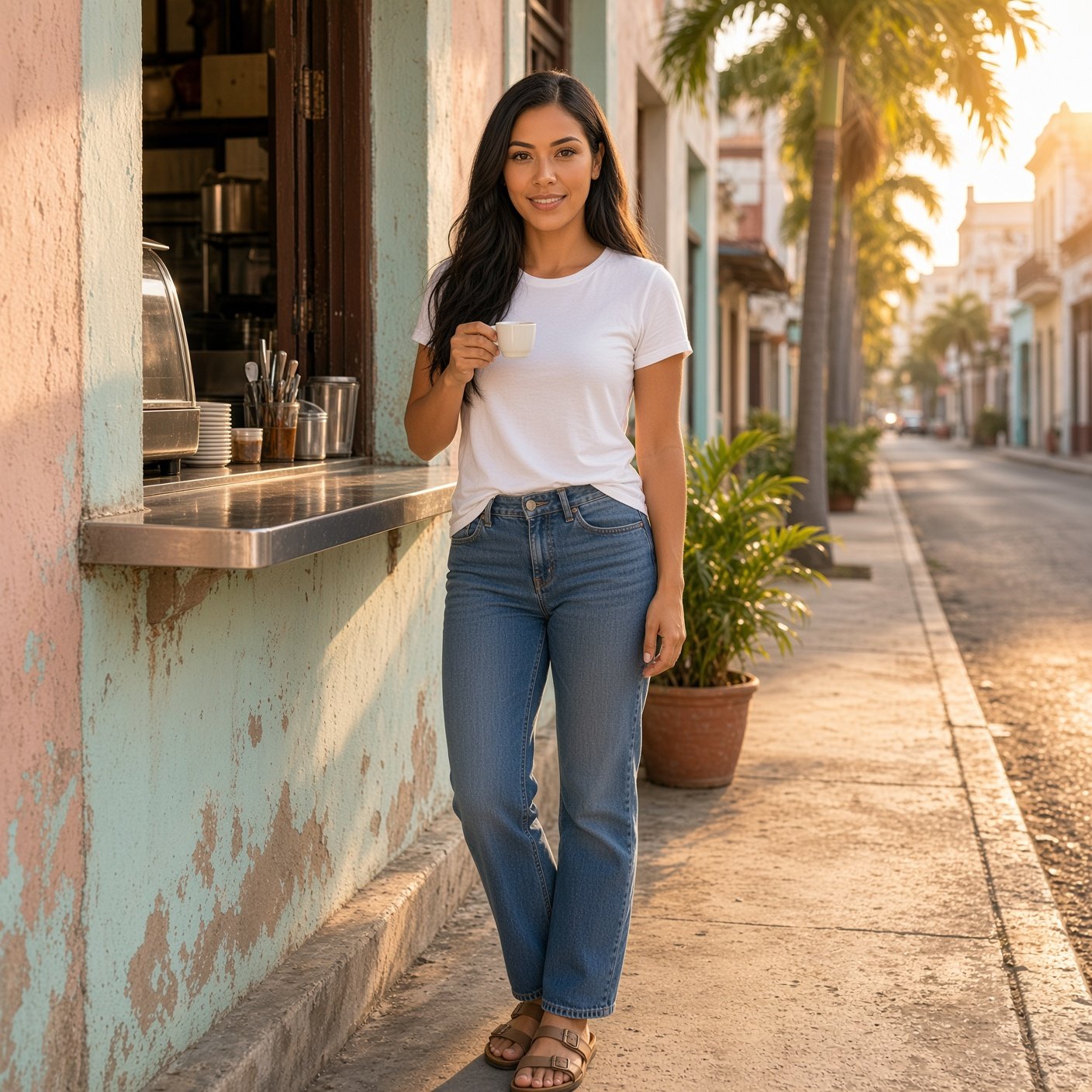 Woman in a white t-shirt and jeans holding a small coffee cup outside a street café.