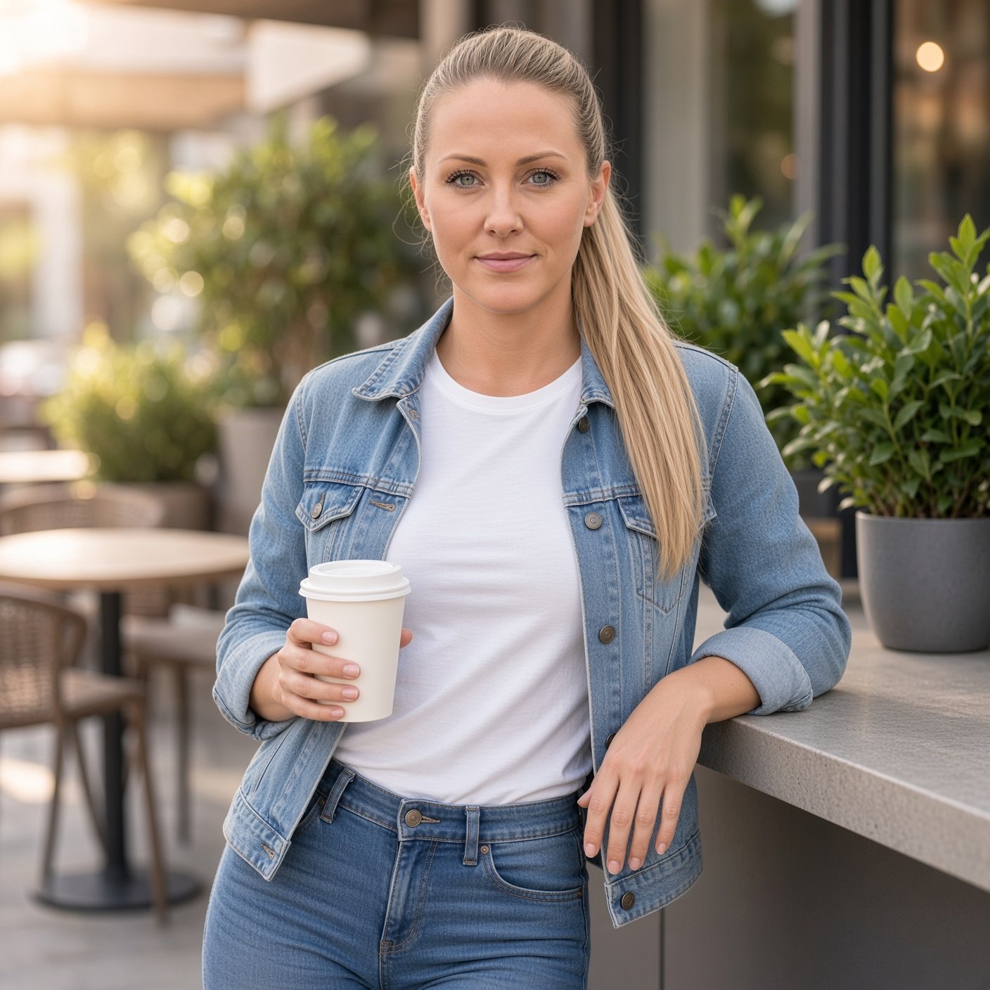 A woman with a blond ponytail leans against a stone ledge outside a café, wearing a denim jacket over a white tee and jeans. She holds a white takeaway coffee cup, with patio tables and potted plants in warm sunlight behind her.