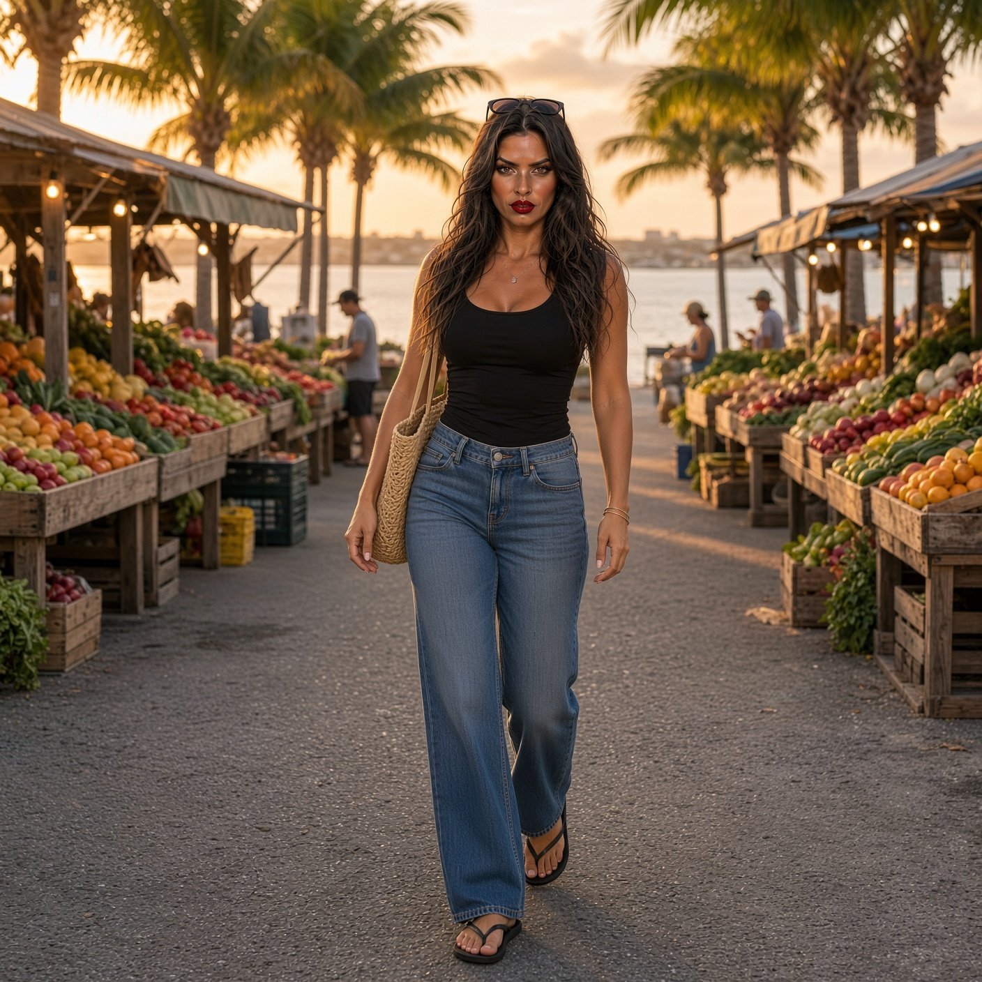 Woman walking through an outdoor farmers market at sunset.