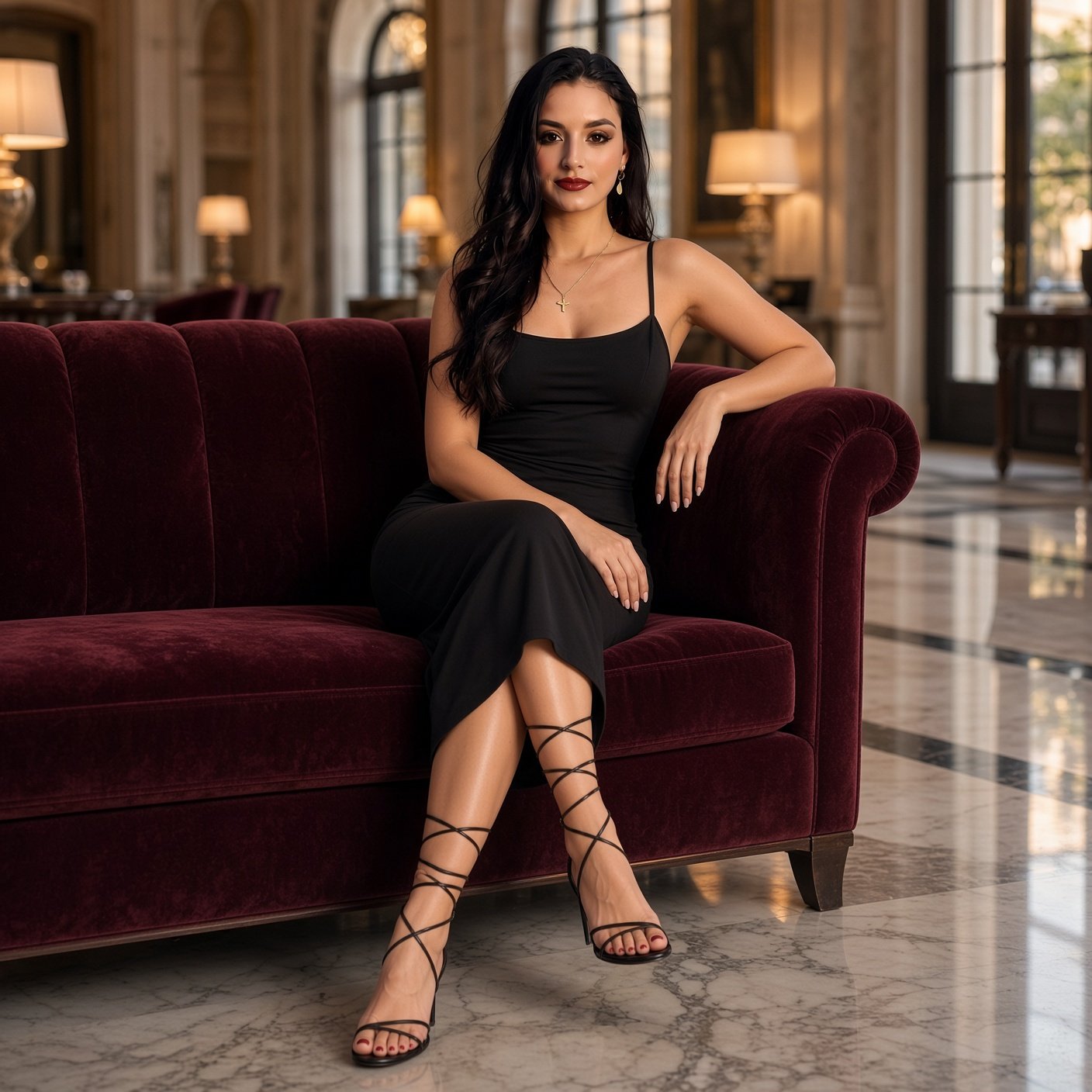 Woman in a black dress sitting on a deep red velvet couch in a grand hall.