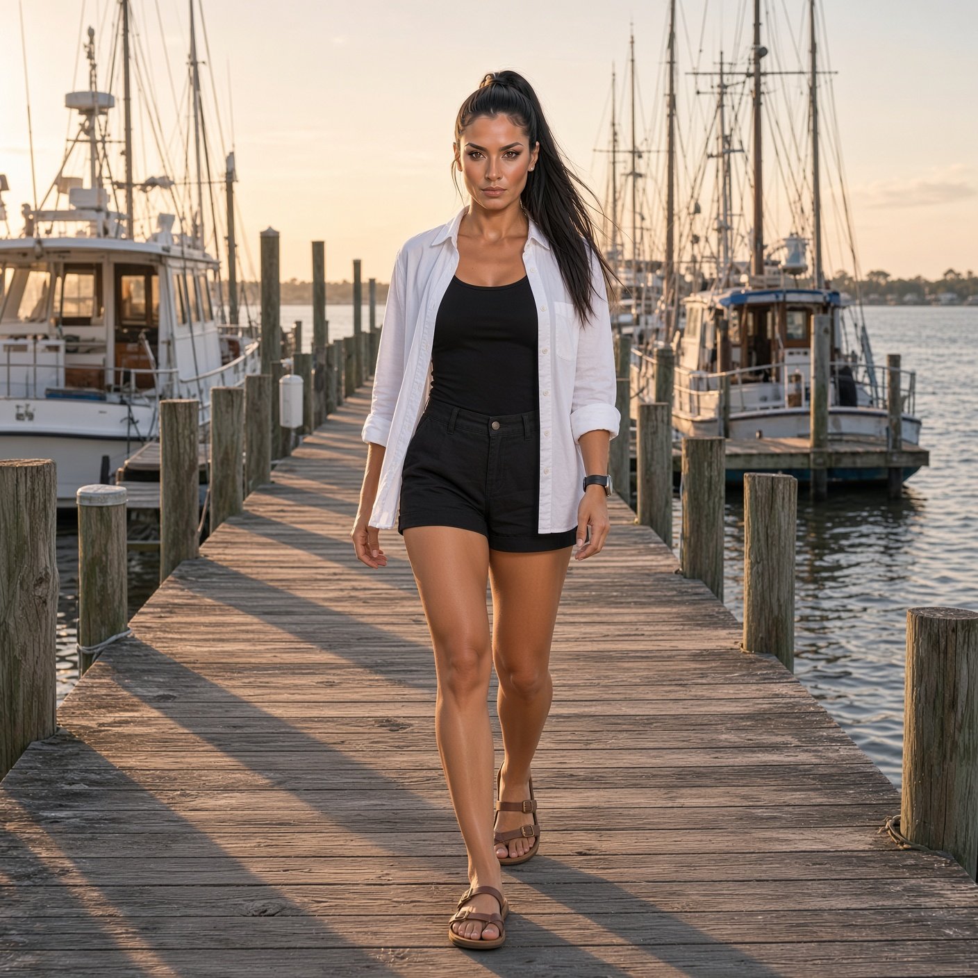Woman in a white button-up shirt over a black top and black shorts walking down a wooden marina dock lined with boats at sunset.