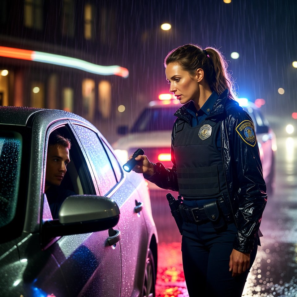 A female police officer with her hair in a ponytail shines a flashlight into the window of a car driver on a rainy night, with red neon lights and a patrol vehicle visible in the background.