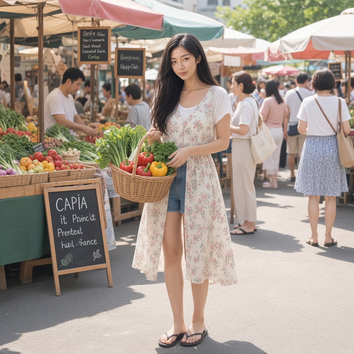 Woman in a white and pink floral dress carrying a basket of fresh vegetables at an outdoor farmers market