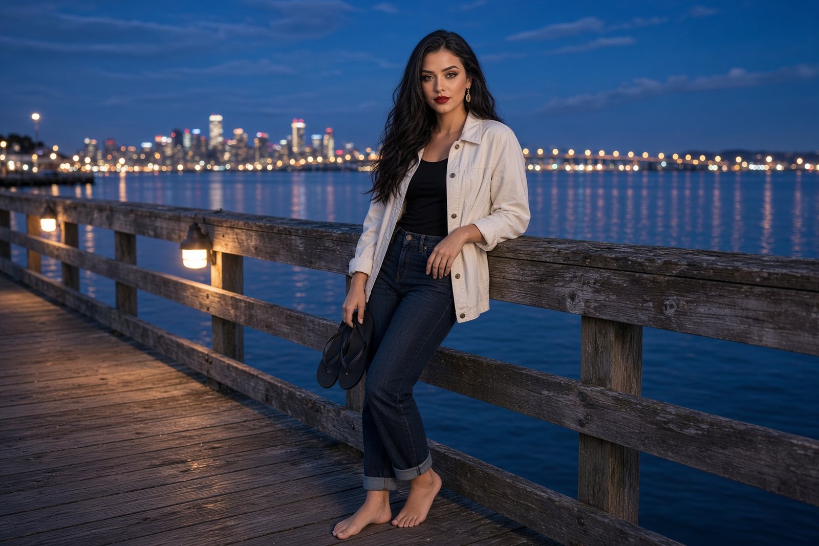 Woman leaning against a wooden pier railing at dusk, holding sandals, city skyline lit up across the water.