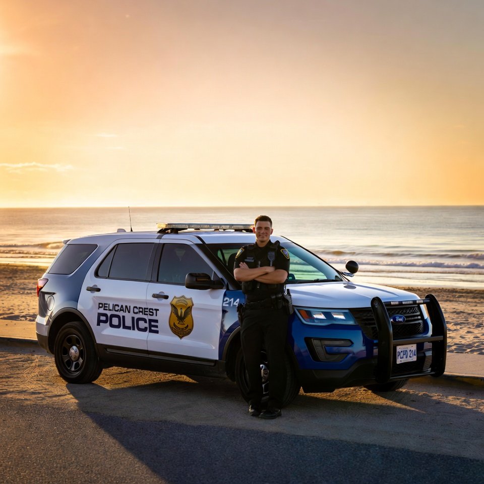 A male police officer in uniform standing with arms crossed next to a "Pelican Crest Police" patrol SUV parked near a sandy beach at sunset.