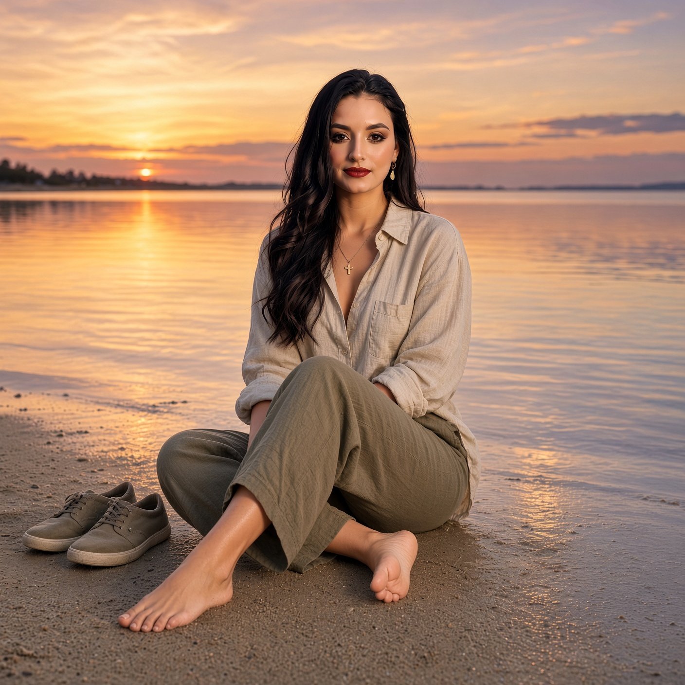 A woman sitting barefoot on a sandy lakeshore at sunset, wearing an unbuttoned tan button-down shirt and olive green pants, with her sneakers resting on the sand beside her.