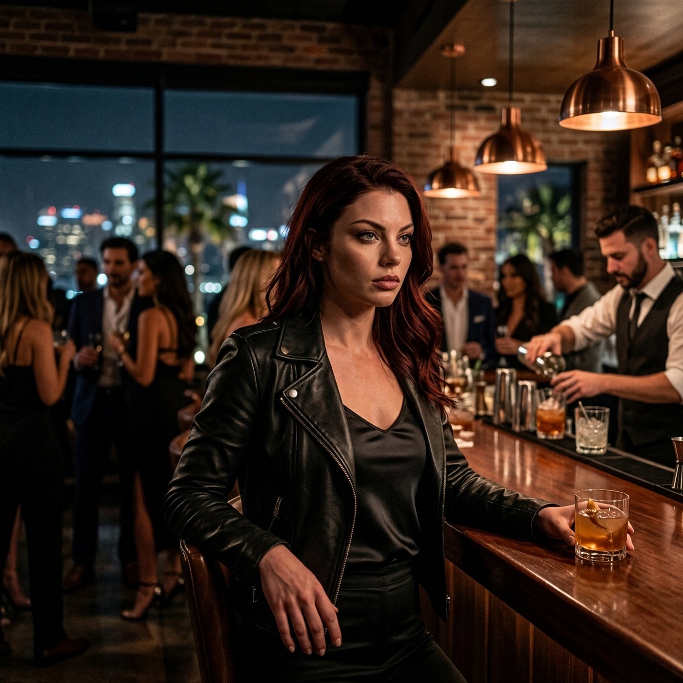 A woman with wavy dark red hair, wearing a black leather jacket over a satin top, sits at a polished wooden bar with an old fashioned cocktail. She looks off to the side while a bartender pours drinks and guests mingle in front of a night city skyline.
