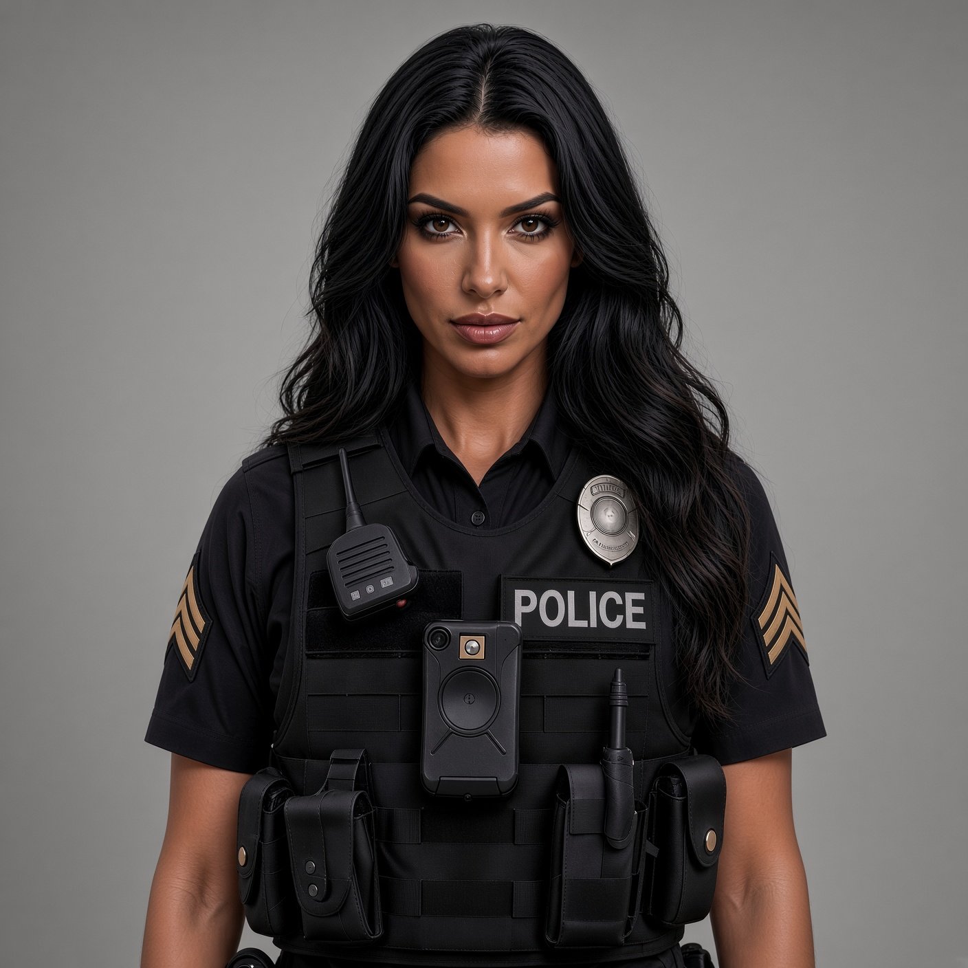 Portrait of Sgt. Valentina Ríos in police uniform with sergeant stripes, badge, and duty gear, plain gray background.
