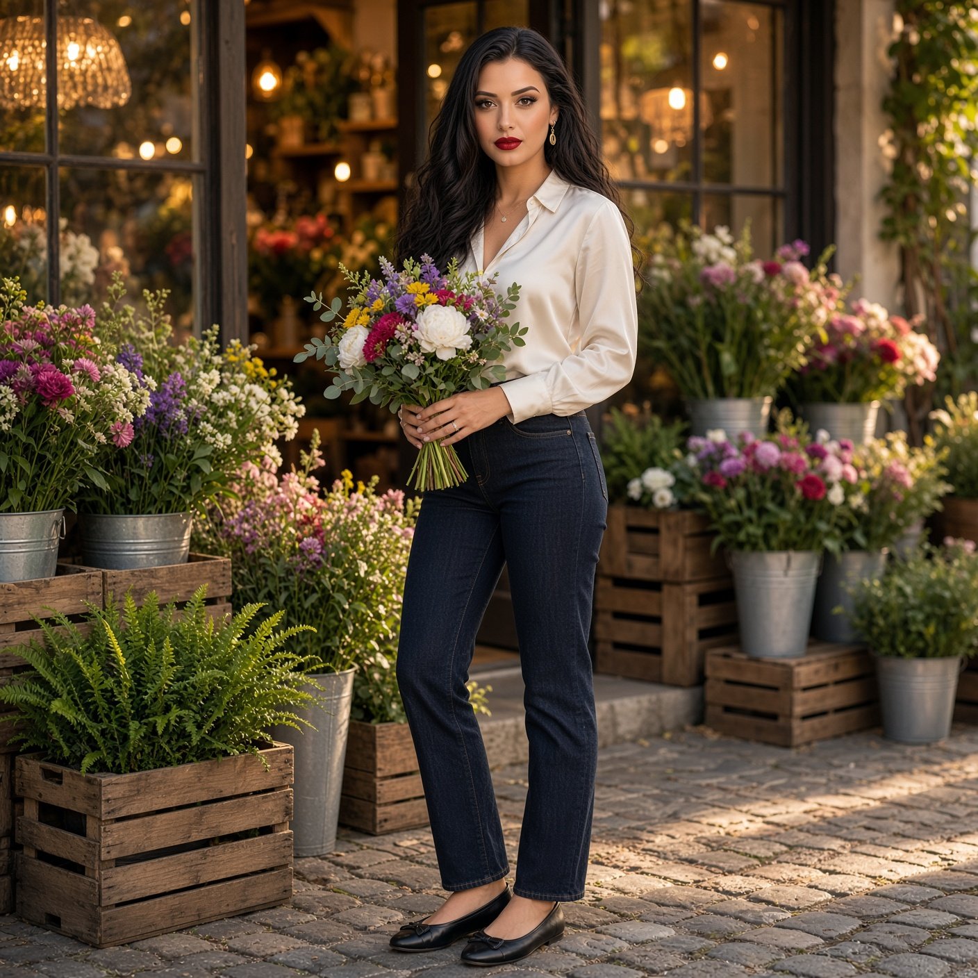Woman in a white blouse and dark jeans holding a bouquet of flowers outside a shop.
