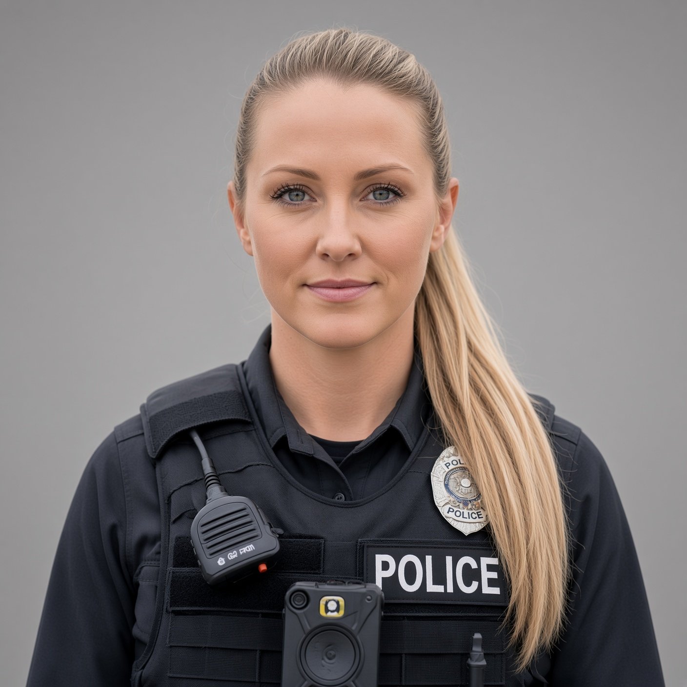 Woman in a police uniform with a badge, body camera, and radio on a plain gray background