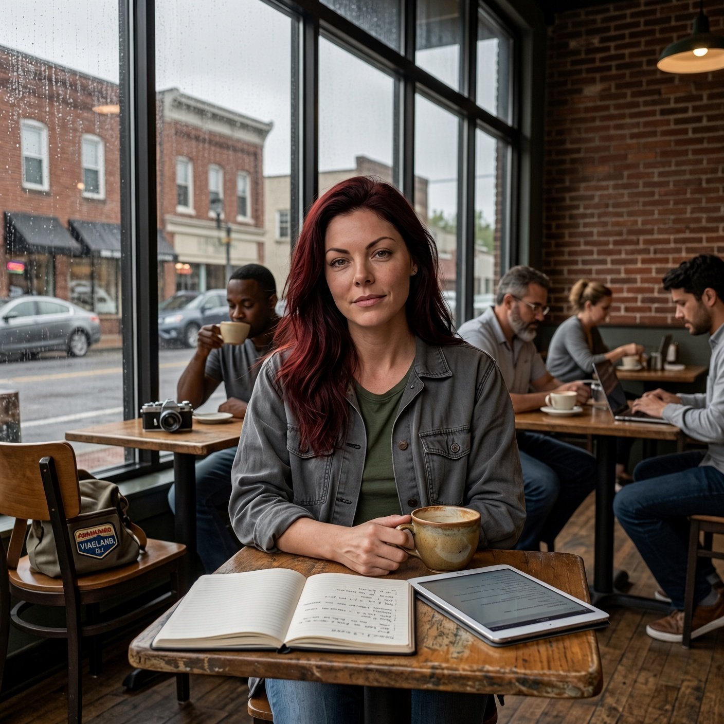 A woman with long dark red hair and a gray work jacket sits at a wooden café table holding a ceramic mug, with an open notebook and tablet in front of her. Rain streaks the window behind her, which looks onto a brick storefront street, while other patrons work on laptops and a film camera sits on a nearby table.