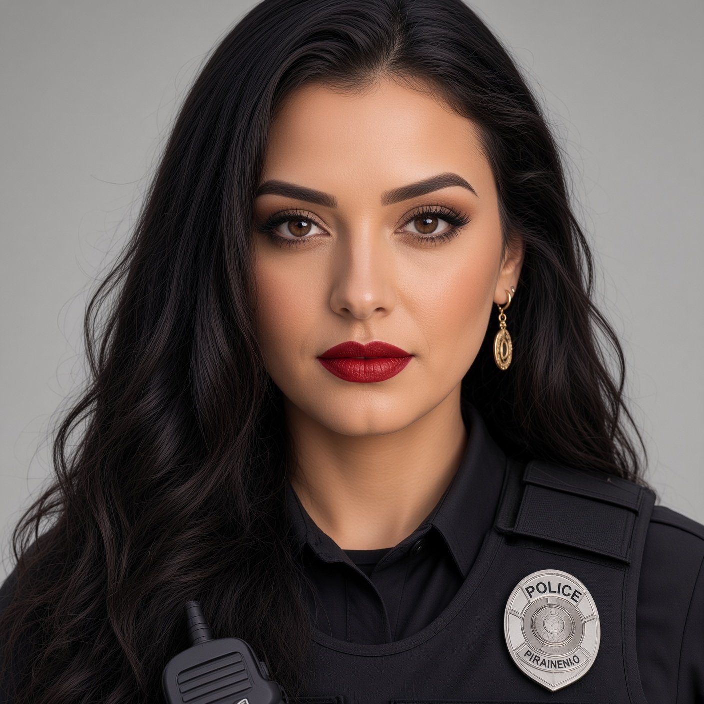 Female police officer wearing a black uniform, long, wavy dark hair