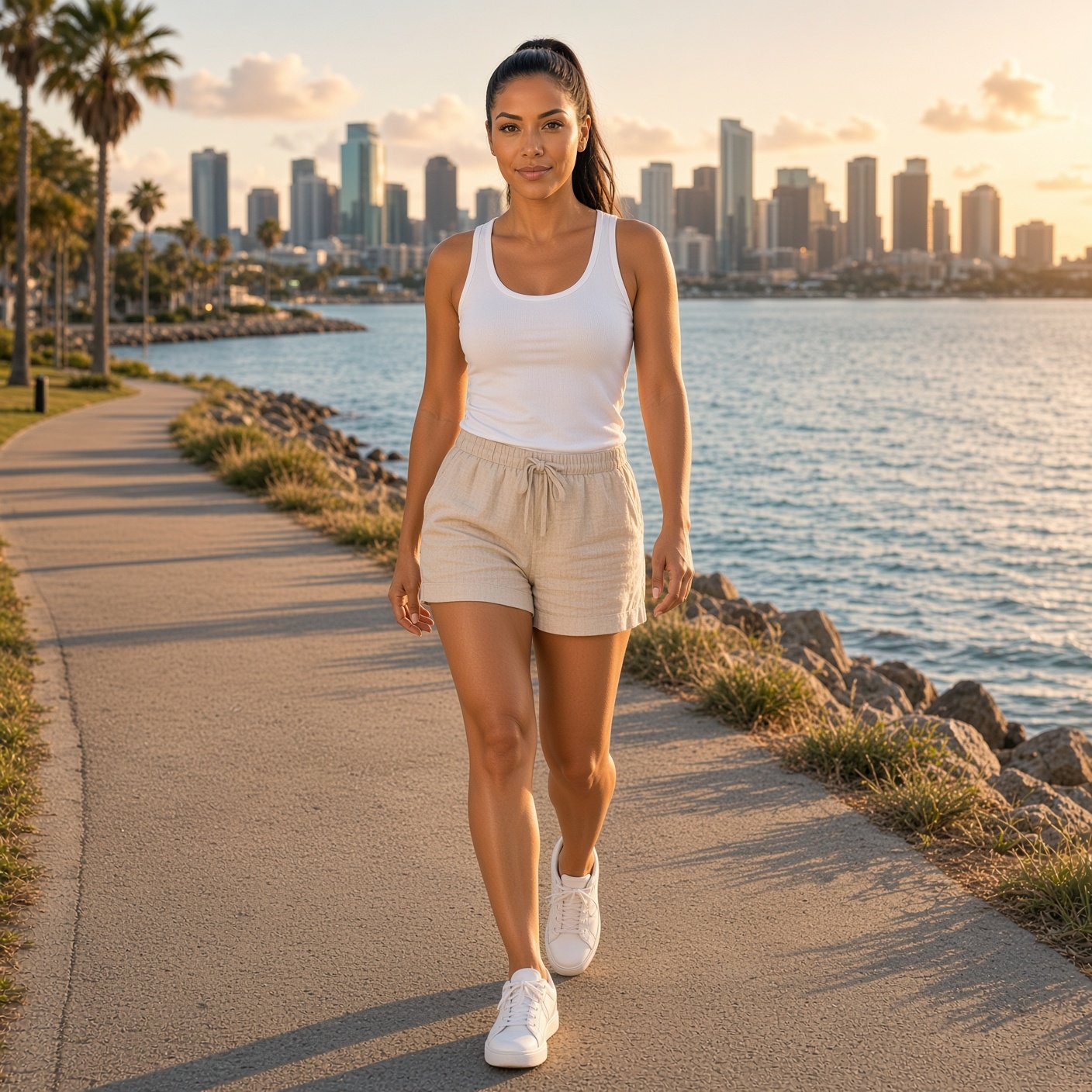 Woman in a white tank top and linen shorts walking along a waterfront path with a city skyline behind her.