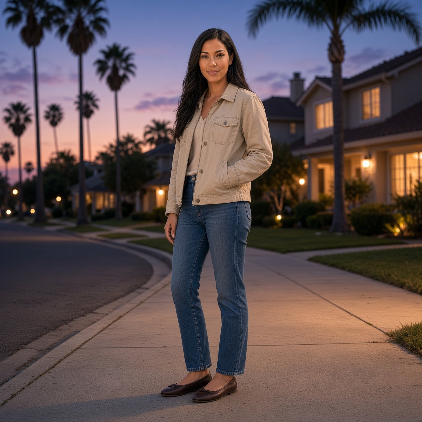 Alt Text: Woman in a beige jacket and jeans standing on a residential sidewalk at twilight under palm trees.