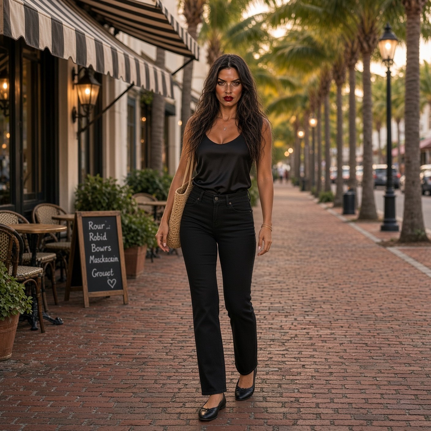 Woman walking down a palm-lined brick sidewalk past outdoor cafe seating.