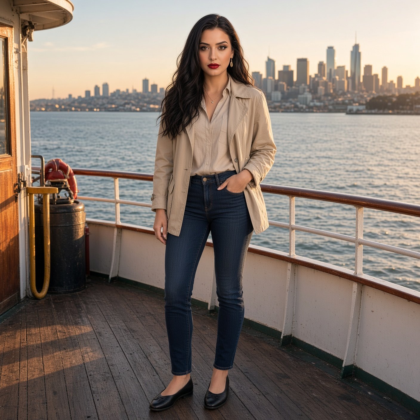 Woman in a tan trench coat and jeans standing on a boat deck with a city skyline behind her.