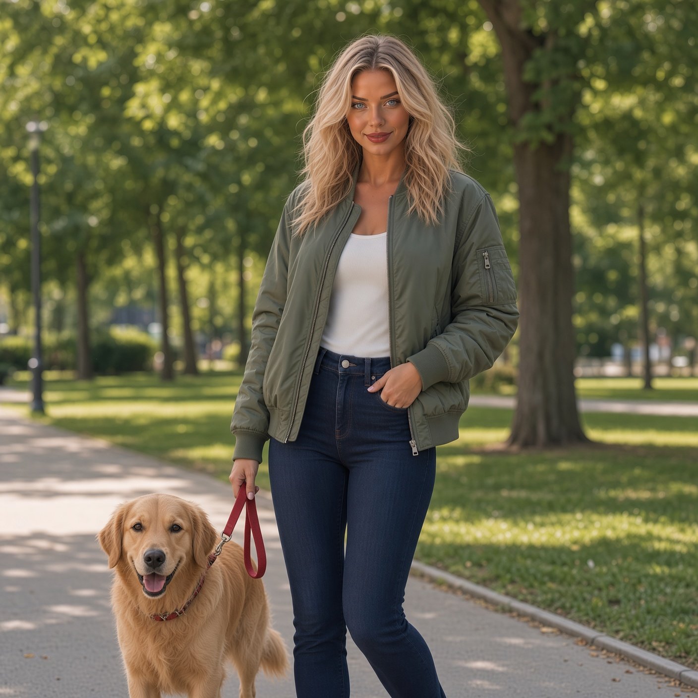 Woman in an olive green bomber jacket and jeans walking a golden retriever on a leash in a park
