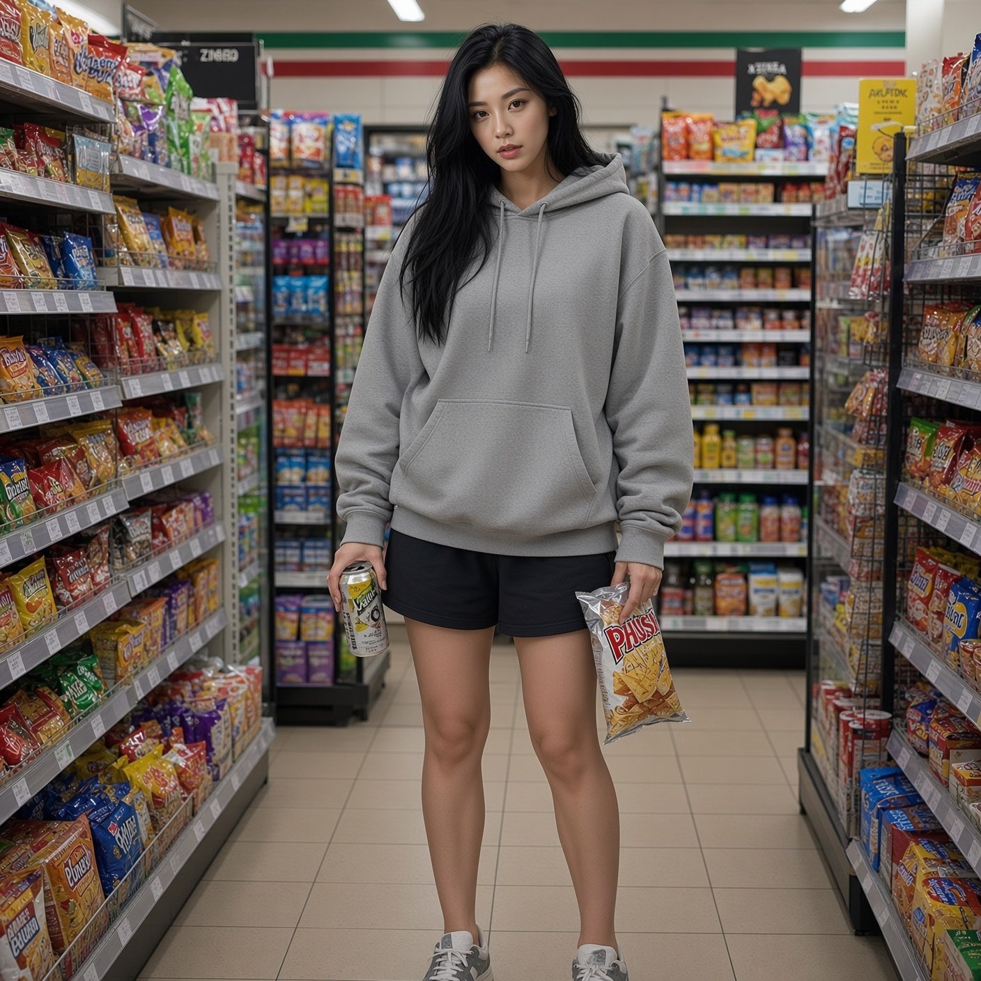 Woman in an oversized gray hoodie and black shorts standing in a convenience store aisle holding a drink and a bag of chips