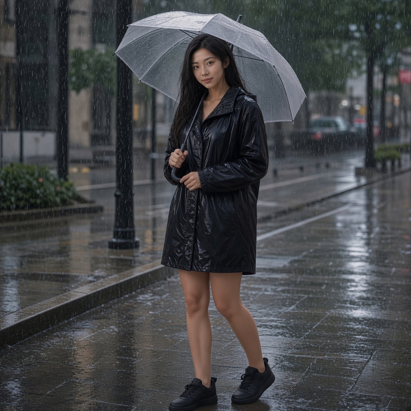 Woman in a black patent raincoat holding a clear umbrella while walking on a rainy city sidewalk