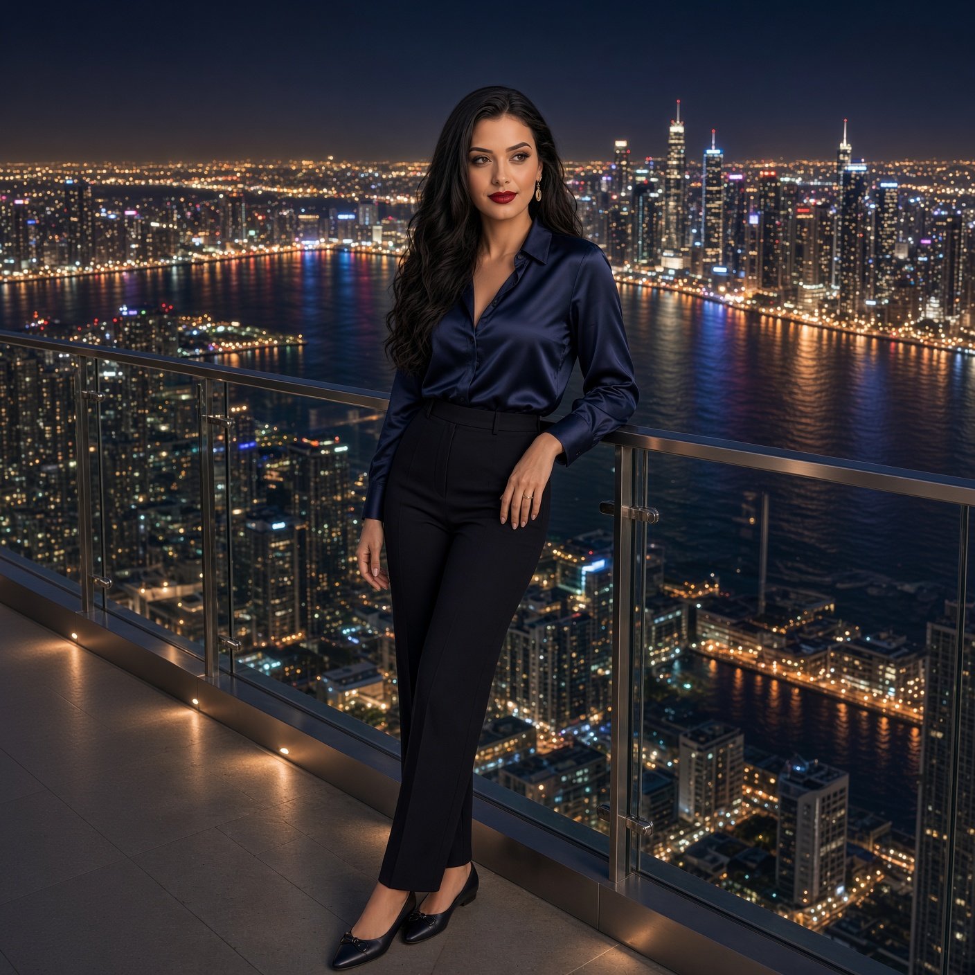 Woman in a dark satin blouse and trousers standing on a high-rise balcony over a night skyline.
