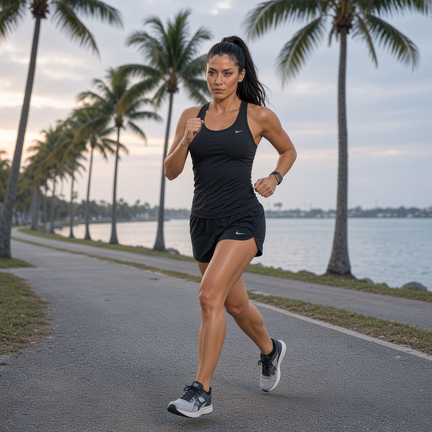 Woman in black Nike athletic wear jogging along a waterfront path lined with palm trees.