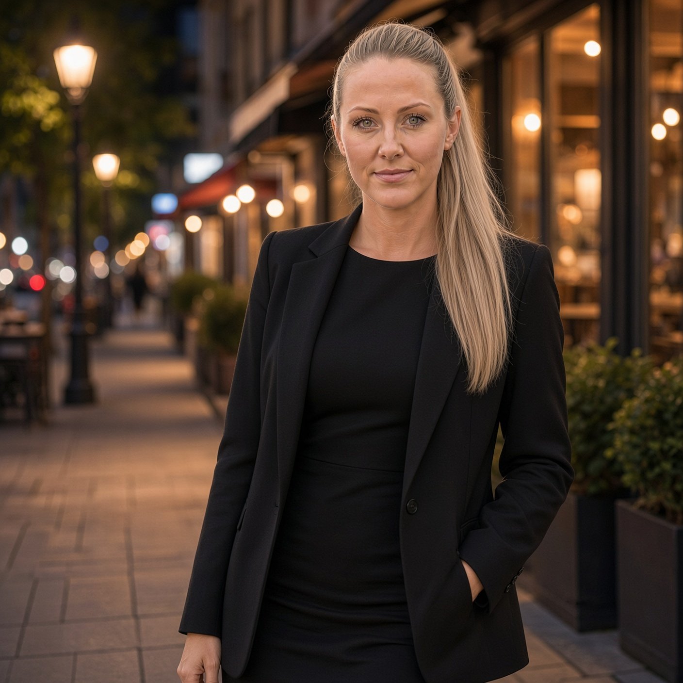 A woman with long blond hair in a high ponytail stands on a city sidewalk at dusk, wearing a black blazer over a black dress with one hand in her pocket. Warm storefront lights, street lamps, and blurred bokeh glow behind her.