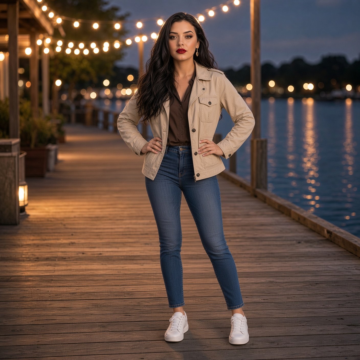 Woman in a beige jacket and jeans standing on a wooden pier lit by string lights.