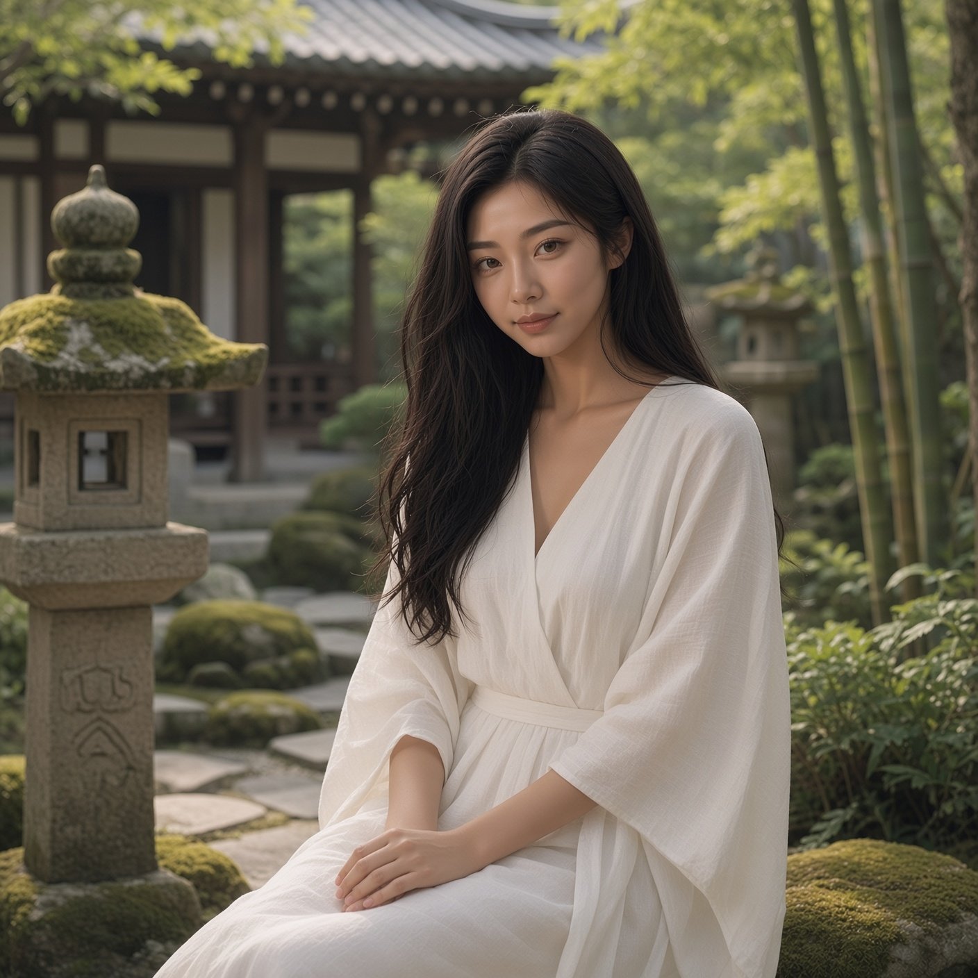 Woman in a flowing white robe-style dress sitting in a traditional Japanese garden with a stone lantern and bamboo