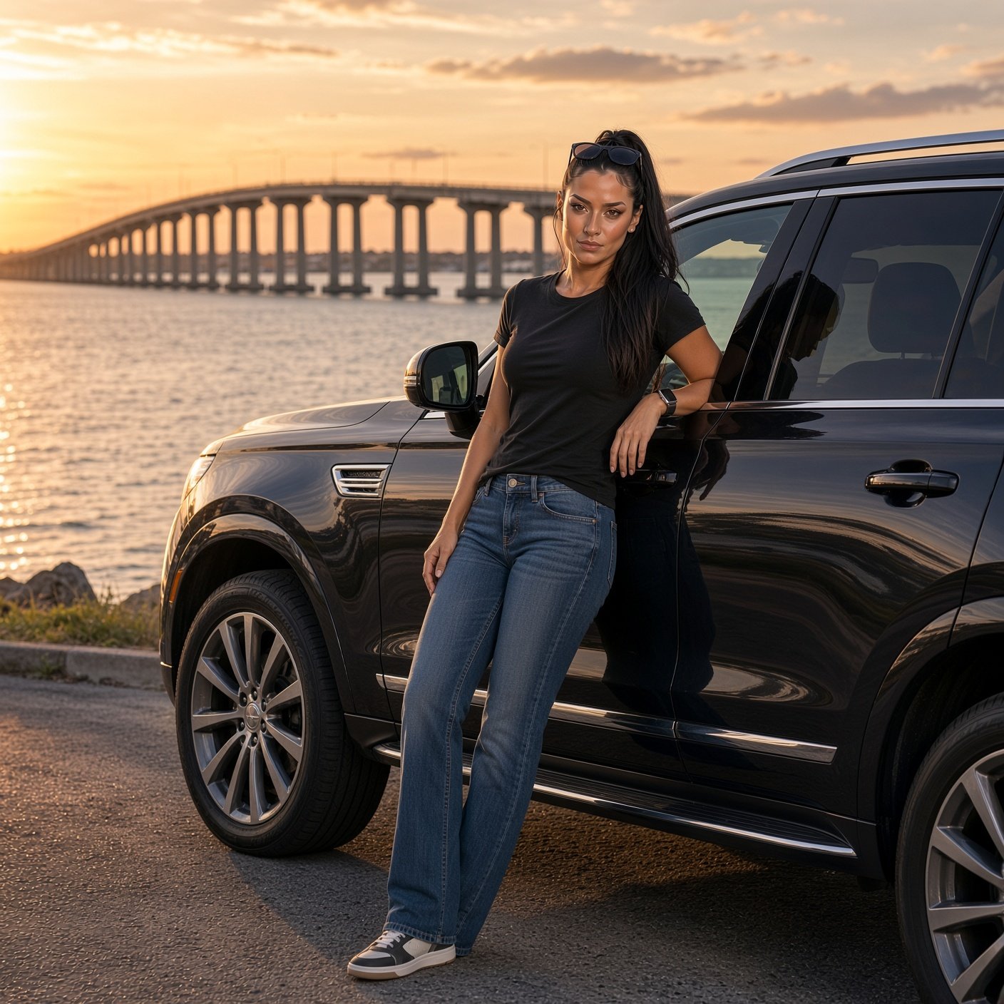 Woman in a black t-shirt and jeans leaning against a black SUV parked by the water, with a bridge visible in the background at sunset.