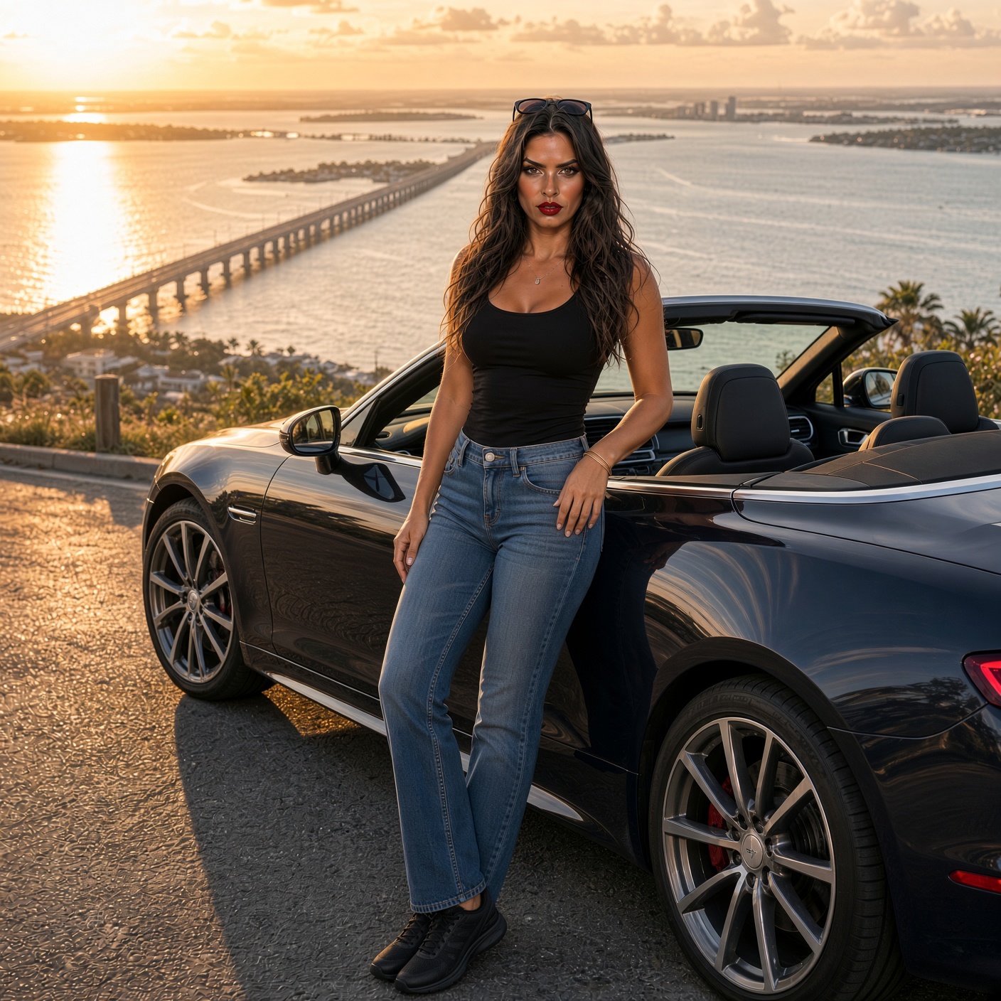 Woman leaning against a convertible sports car at sunset, bay bridge in background.
