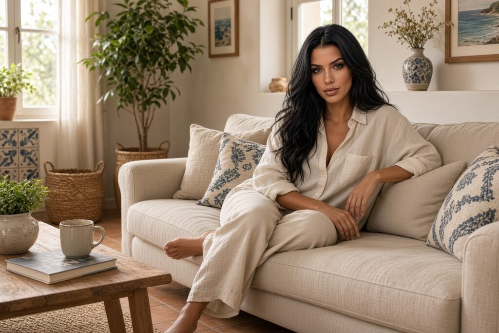 Hispanic woman with long dark wavy hair sitting barefoot on a beige linen sofa in a sunlit coastal living room, wearing a cream linen shirt and matching pants, looking toward the camera. Coffee mug and book on a wood table, plants and blue tile accents in the background.