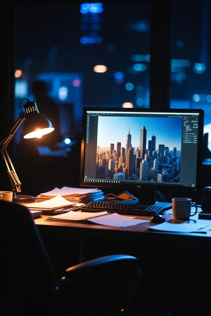 Dimly lit desk at night with a computer monitor displaying a city skyline image being edited, desk lamp, papers, and coffee mugs, city lights visible through the window.