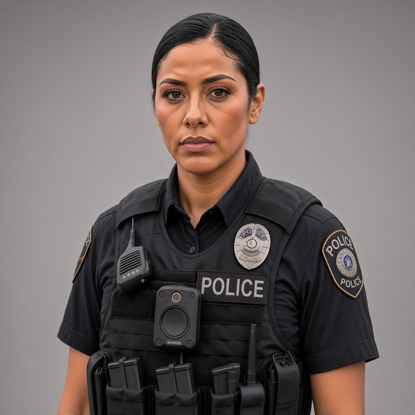 Woman in a police uniform with a tactical vest, badge, shoulder patches, body camera, and radio on a plain gray background