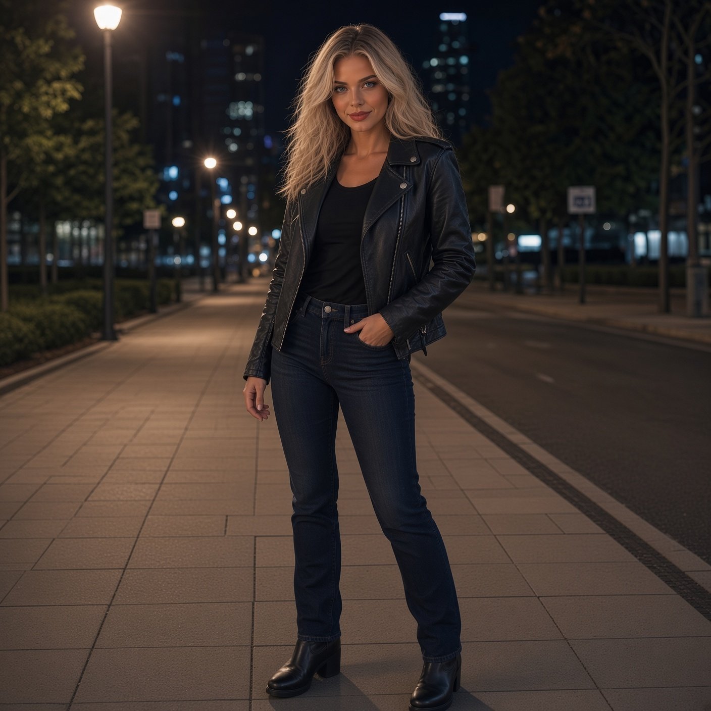 Woman in a black leather jacket and dark jeans standing on a city sidewalk at night with street lamps and skyline in the background