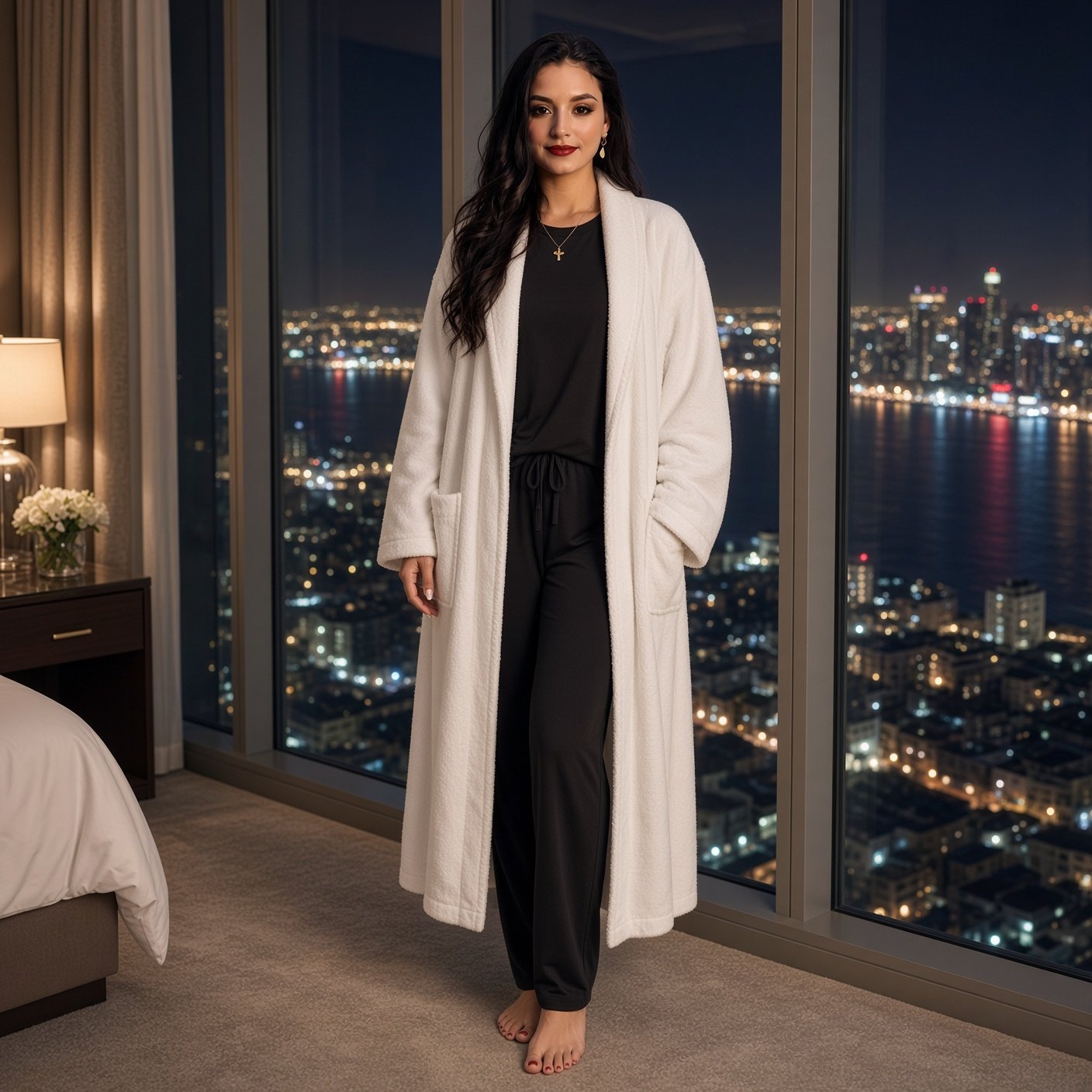 Woman in a plush white bathrobe and black loungewear standing in front of a floor-to-ceiling city view window.