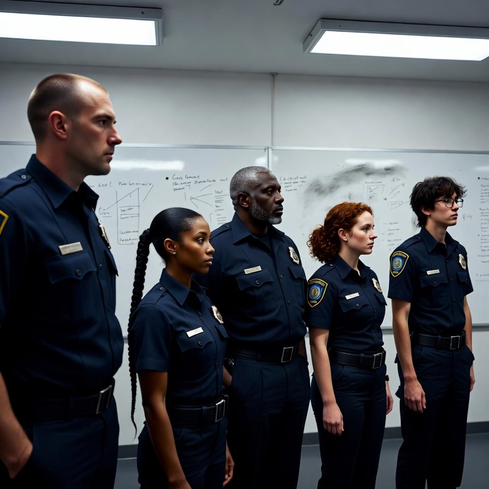 Five police officers standing in a row at attention inside a briefing room, facing toward the side with whiteboards filled with diagrams in the background.