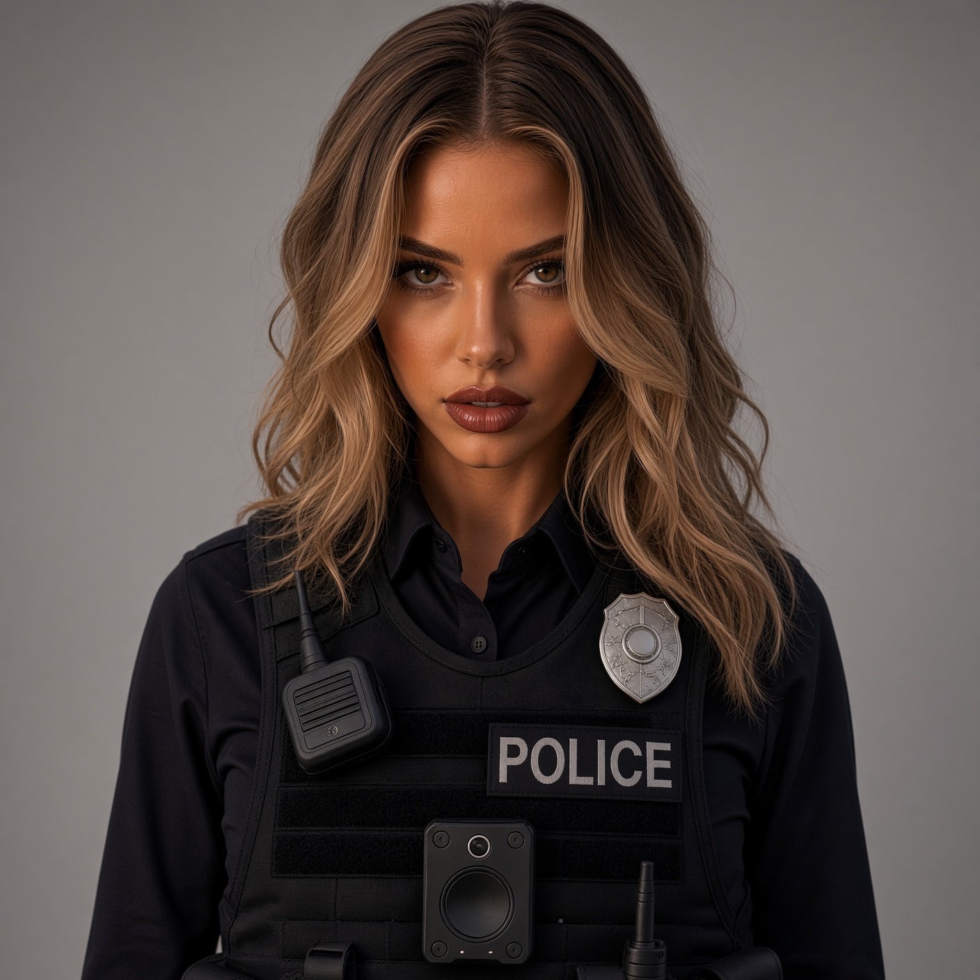 Female police officer with long blonde hair. grey background, and black uniform