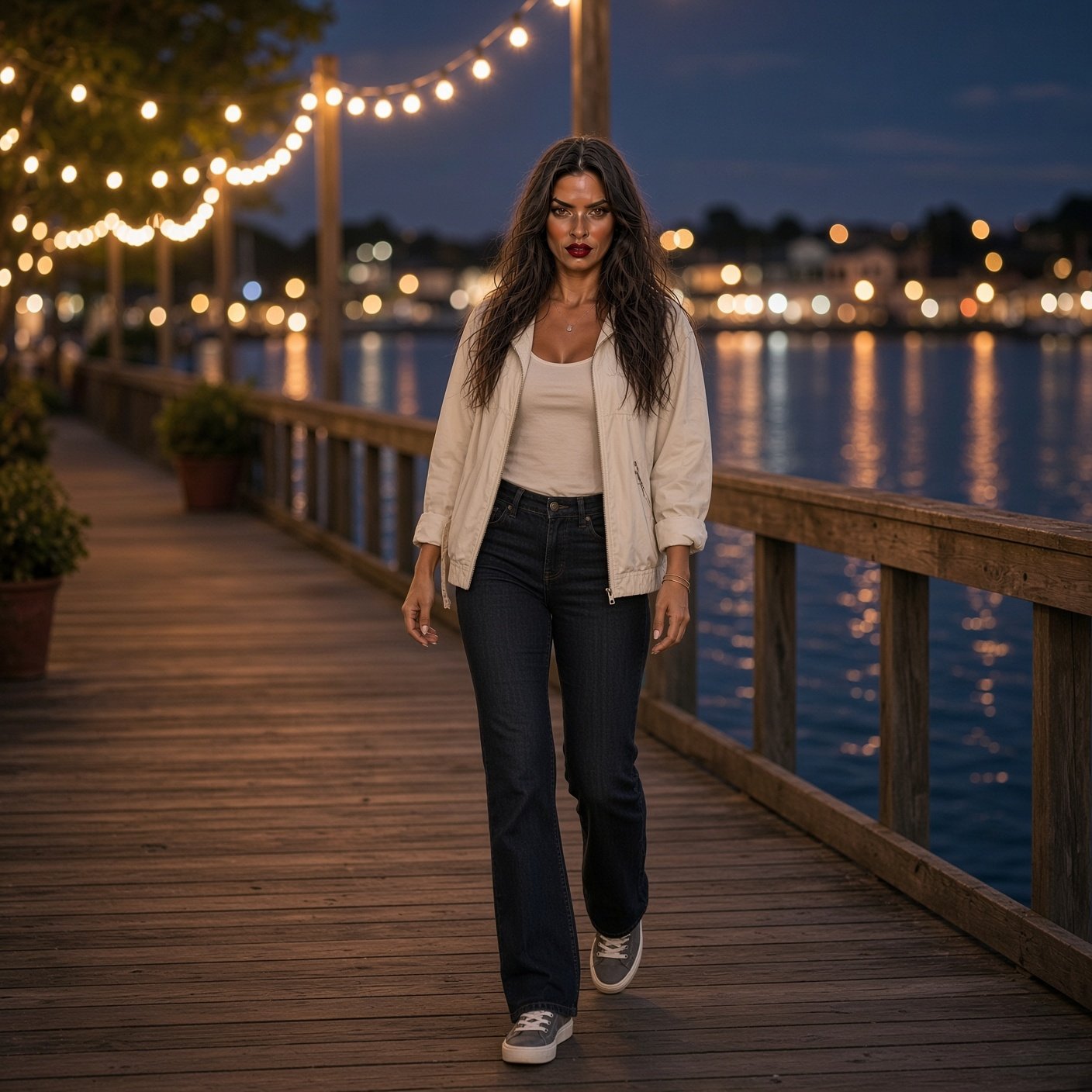Woman walking along a waterfront boardwalk at dusk, string lights overhead.