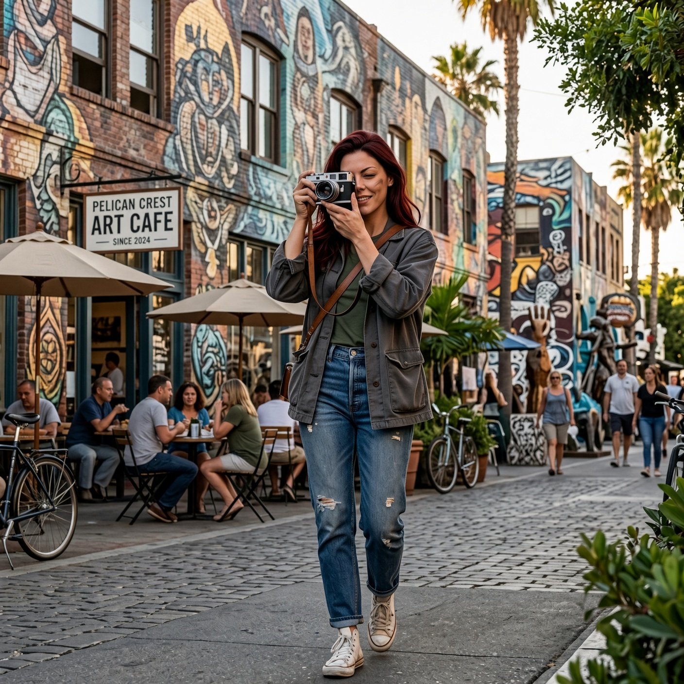 A woman with dark red hair, in a gray jacket, ripped jeans, and white high-top sneakers, walks down a cobblestone street while taking a photo with a film camera. Colorful murals cover the brick buildings, and a sign reads "Pelican Crest Art Cafe, Since 2024" above a patio of diners under umbrellas