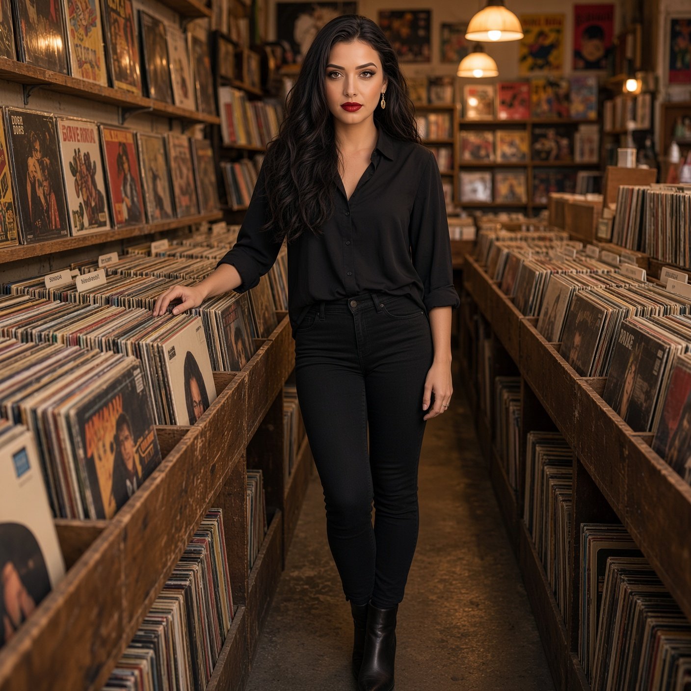 Woman in an all-black outfit standing between rows of vinyl records in a record store.