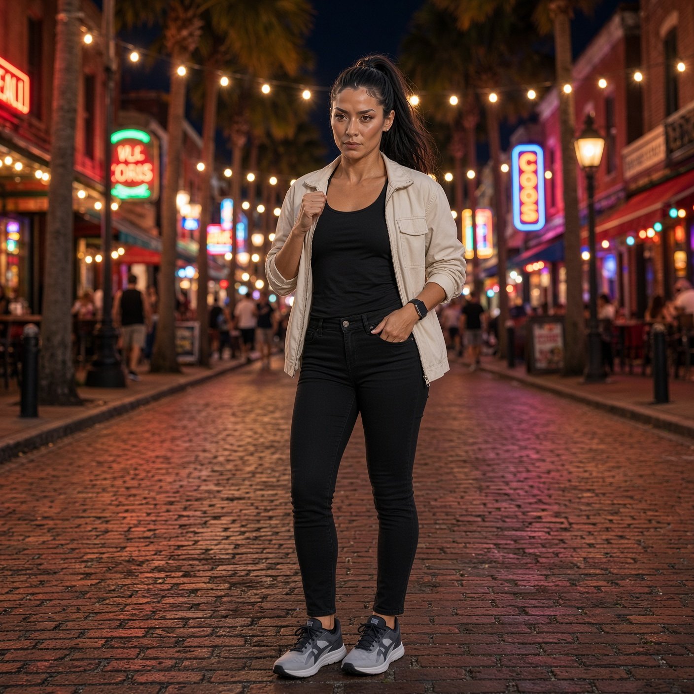 Woman in a beige jacket over a black tank top and black jeans standing on a cobblestone street lined with neon bar signs and string lights at night.