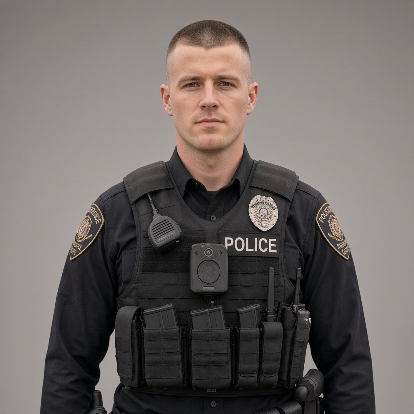 Man in a police uniform with a tactical vest, badge, shoulder patches, body camera, and radio on a plain gray background